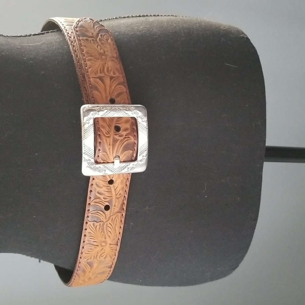 Brighton Tooled Brown Leather Belt with Silver Buckle - Picture 5 of 5